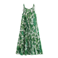 LIZAKOSHT - Green Floral Print Lacing Up Sling Beach Dresses Women Sexy Sleeveless O Neck Pleated Summer Dress Holiday Vestidos