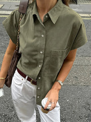 LIZAKOSHT - Summer 2025 Vintage Retro Green Blouse Shirt Women Turn-down Collar Single-breasted Pocket Sleeveless Casual Top For Women 55905