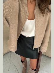 LIZAKOSHT  -  Double-Head Zipper Knitted Sweater Cardigan Solid Color Bomber Jacket Women's Commute Coat Top Minimalism Knitwear Overcoat