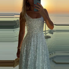 LIZAKOSHT - Fashion Temperament Sleeveless Evening Dresses Elegant Party High Waisted Pleated Dress Shiny Sequins Mesh Halter Long Dresses