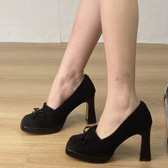 LIZAKOSHT - Butterfly Knot Square Toe High Heels Women Pumps Solid Color Slip On Shallow Sandals Western Fashion Concise Office Ladies Shoes