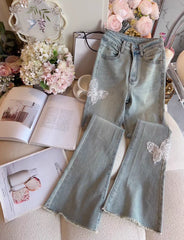 LIZAKOSHT - Flared Trousers Women Sequins Butterfly Embroidery Slim Fit High Waist Streetwear Light Blue Boyfriend Denim Pants Ladies 2024