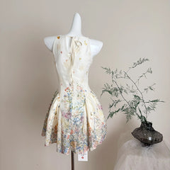 LIZAKOSHT - Off White Elegant Kawaii Fairycore Floral Print Chiffon Ruched Waist Halter Mini Dress Women Girls Summer Beach Party Daily Wear
