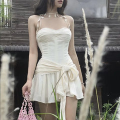 LIZAKOSHT - Women Bow Sashes Party Skater Short Sling Robe Vestido Sexy Beige Ruched Bra Corset style Halter Leaves Tassel Mini Dress