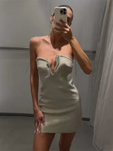 LIZAKOSHT - Sexy Rhinestone Strapless Short Dress Women Elegant V-neck Sleeveless Backless Female Party Dresses 2025 Summer Lady Slim Gowns