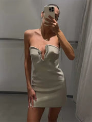 LIZAKOSHT - Sexy Rhinestone Strapless Short Dress Women Elegant V-neck Sleeveless Backless Female Party Dresses 2025 Summer Lady Slim Gowns