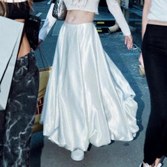 LIZAKOSHT - Clinkly Satin Fluffy Long Skirt for Women Y2K Streetwear Party Loose Fashion Elegant A-line Pleated Double Layer Maxi Skirts