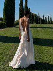 LIZAKOSHT - Women Spaghetti Dress Strap Deep V Back Maxi Dresses Open Back Side Slit Flowy Wedding Evening Gown Party Wear Woman Clothes