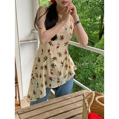 LIZAKOSHT - Y2K Floral Tank Top Women Vintage Asymmetrical Print Camis Summer Streetwear Korean Sexy V Neck Lace Spaghetti Strap Tops