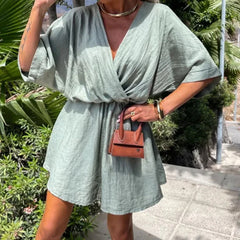 LIZAKOSHT - Elegant Vacation Solid Pleat Mini Dress Casual Short Sleeved Women Party Dress Summer Female Waist V-neck Beach Dress Lady