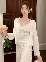 LIZAKOSHT - French Fairy Princess Nightwear Sleepwear Floral Print Pajamas Three Piece Set Women Sweet Girl Luxury Home Wear Loungewear