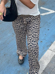 LIZAKOSHT - Leopard Print Patchwork Straight Pants Elastic Waist Fashion Harajuku Trousers Aesthetic 2000s Casual Baggy Bottom