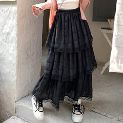 Lizakosht White Black Long Skirt Women Crochet Lace Skirt Goth Lolita Summer High Waisted High Low Ruched Ruffle Pleated Skirts rok