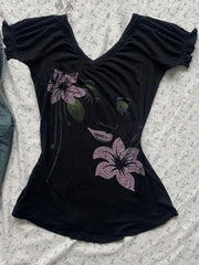 LIZAKOSHT - Y2k Aesthetic Flower Printing Women Grunge T-shirts Vintage Slim Harajuku Sexy Black Tshirts 2024 Summer Bottoming Crop Tops