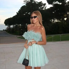 LIZAKOSHT - Halter Bikini Puffy Skirt Two Piece Set Mesh Folded Pleated Mint Green 3D Flower Strapless Top Beach Pleated Skirts Suit Women