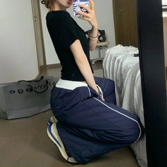 LIZAKOSHT - Y2K Striped Sweatpants Women Streetwear Oversized Baggy Joggers Harajuku Patchwork Wide Leg Pants Summer Korean Trousers