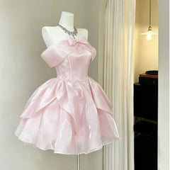 LIZAKOSHT - Sweet Girl A-Line Off Shoulder Bow Organza Homecoming Dress Lace Up Back Pink Short Puffy Cocktail Dress Party Mini Gown