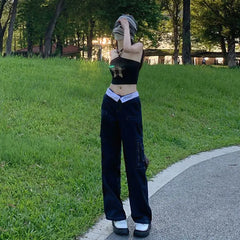 LIZAKOSHT - Cargo Pants Flange Multiple Pockets High Waist Women Straight Baggy Pants Fashion Cotton Wide Leg Trousers Casual Streetwear