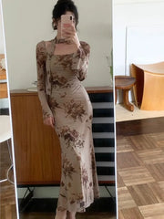 LIZAKOSHT - French Floral Printed Midi Dress Women Autumn New Square Collar Long Sleeve Slim Waist Wrap Hip Clothing Elegant Chic Vestidos