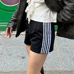 LIZAKOSHT - Striped Shorts y2k Clothes Women Casual Elastic Low Waist Loose Hot Pants with Pockets Summer 2000s Clothing Streetwear