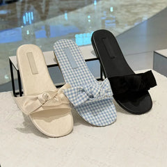 LIZAKOSHT - Silk Butterfly-Knot Slippers Women Flat Heel Gingham Sandals Cloth Fabric Slides Female Slip On Pantuflas House Flipflops