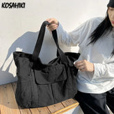 LIZAKOSHT - Women College Students High-capacity Shoulder Tote Bags Vintage Y2k Washed Canvas Bag Streetwear Grunge Casual Underarm Handbags
