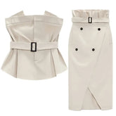 LIZAKOSHT - Fashion Sleeveless Pleated Top Vest with Belt Summer Two Piece Suits Dress Women Elegant Long Skirts Suits High Street Outfits