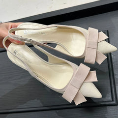 LIZAKOSHT - Bowknot Pointed Toe Thin Heel Women Sandals Elegant Satin Designer Heels Sexy Prom Backless Dress Shoes Zapatos De Mujer
