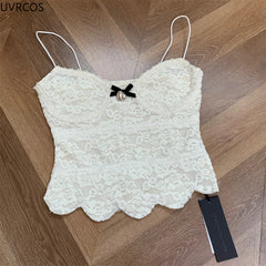LIZAKOSHT - Kawaii Cute Lolita Style White Vest Women Vintage Elegant Lace Bow Camisole Crop Top Female Korean Casual Sweet Slim Fairy Tanks