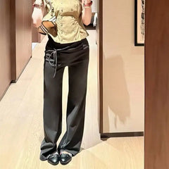LIZAKOSHT - Korean Style Elegant Women Pants Baggy Lace Up Ruffles Sexy Low Waist Slim Casual Trousers Coquette Straight Pantalones