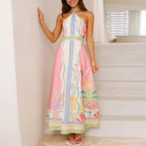 LIZAKOSHT - Spring Summer Backless Lace-up Hollow Party Dress Women Sexy Off Shoulder Halter Long Dress New Casual Vacation Beach Boho Dress