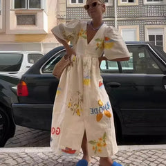 LIZAKOSHT - Women's Floral Printed Dresses Loose V-Neck Puff Sleeve Pockets A-LINE Skirt Fashion Sweet Style Sweetwear Vacation Outfits Sets