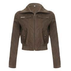 LIZAKOSHT  -  Streetwear Zipper Turn Down Collar Cargo Jackets For Women Multi Pockets Autumn Winter Outwear Y2K Coat Brown Vintage