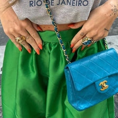 LIZAKOSHT - Retro Fashion Satin Effect Green High Waist Loose Half Skirt Women's Summer Simple Versatile A-line Large Swing Umbrella Skirts