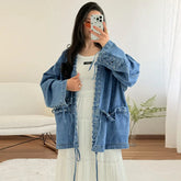 LIZAKOSHT  -  Fashion Women's Blue Denim Coat V-neck Loose Big Pockets Lace Up Bandage Jackets Female 2025 Autumn Lady All-matching Outwears