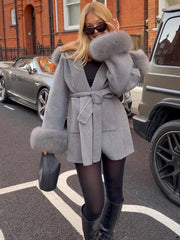 LIZAKOSHT  -  Elegant Lace Up Fur Patchwork Coat Women Loose Solid Long Sleeve V-neck Open Stitch Coats Female Autumn Fashion Jacket