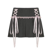LIZAKOSHT - Y2k Girl Lace Bow Low Waist Pleated Striped Skirt Pastel Goth Sweet Pleated Skirt Women Aesthetic Fairy Grunge Elegant Skirt