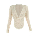 LIZAKOSHT  -  Hollowed Out Swinging Collar Long Sleeve Hot Sexy Streetwear T-shirt Spring Fall Asymmetric Skinny Ladies Knitted Top Clubwear