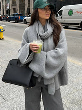 LIZAKOSHT - Women Fashion Grey Cropped Oversized Knitted Pullover Chic Scarf Collar Long Sleeve Loose Sweater Lady High Street Jumpers