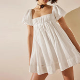 LIZAKOSHT - Women Y2k Puff Sleeve Babydoll Short Dress Square Neck Tie Back Mini Dress Flowy Solid Color Summer Vacation Dres
