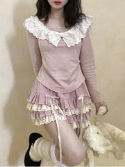 LIZAKOSHT - Pink Lace Sweet Lolita Cake Skirt Women A-line Japanese Kawaii Cute Skirt Female Bow Korean Elegant Fairy Skirt Autumn New