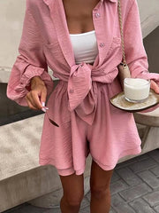 LIZAKOSHT - Women's Ruffle Edge Shorts Long Sleeved Set Lapel V-neck Casual Shirt Single Breasted Elastic Cuffs Top Women's Clothing