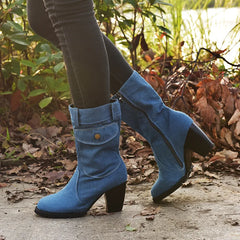 LIZAKOSHT - New Denim Mid Calf Boots,Ladies Short Booties,Winer Cotton Shoes,Botas,Block Heel,Side Zipper.Black,Blue,Size 35-43,Dropship