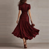 LIZAKOSHT - Temperament Lapel Short Sleeve Commute Dress Elegant Lady High Waist Pleated Dress Summer New Solid Color Simple Party Dresses