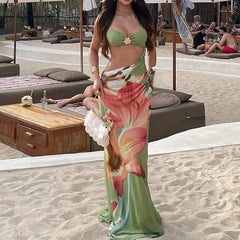 LIZAKOSHT - Cool Summer series hollow out pleated slim fit dress bikini cover sun protection sexy long skirt beach vacation print dress