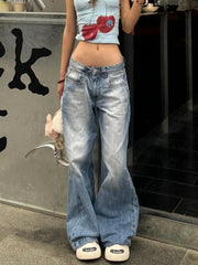 LIZAKOSHT  -  Fashion Street Blue Washed Low Rise Straight Jeans Women Summer Retro New Loose Korean Street Casual Wide Leg Jeans