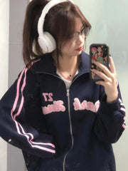 LIZAKOSHT  -  American Retro Fashion Streetwear Hoodie Women Vintage Grunge Letter Embroidery Zipper Oversized Hooded Sweatshirt 2023