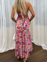 LIZAKOSHT - Elegant Off-Shoulder Maxi Dress with Boho Floral Print and Lace-Up Back Detail for Summer Wedding Party or Vacation Beachwear