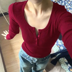 LIZAKOSHT  -  Autumn Sexy Versatile Red Long-sleeved T-shirt for Women Autumn and Winter Unique Hot Slim Fit Button Top for Small Women