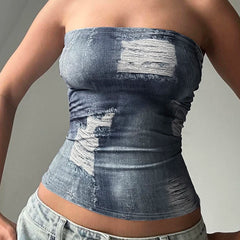 LIZAKOSHT - Fashion Imitation Denim Print Women Tube Top Y2K High Street Chic Fitted Sleeveless Crop Top Summer Sexy Tank Tops